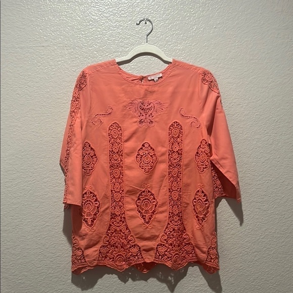 Saint Tropez West Tops - Saint Tropez West Cotton Lace blouse top long sleeve coral pink M Vacay Casual